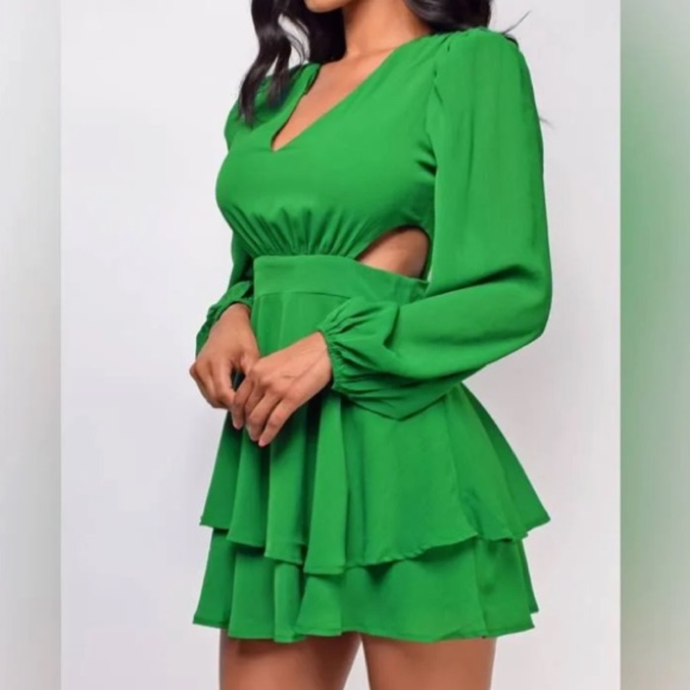 A. Calin by Flying Tomato Green mini dress with long sleeves and cut outs